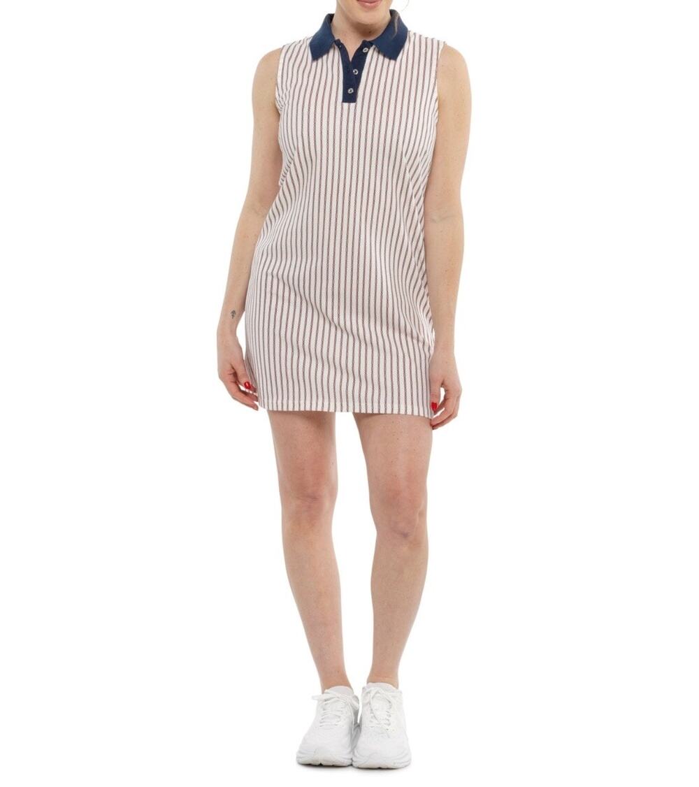 Stella Parker Tippy Contrast Sleeveless Polo Dress Striped White Navy Size S NWT